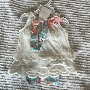 TAHARI 3 Piece Girls Outfit Set. 0–3 months. Shirt, Graphic Pants, Headband